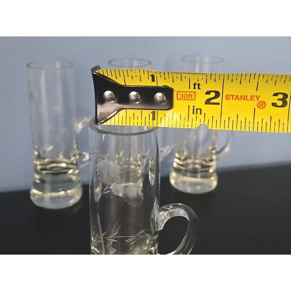 4 Vintage Etched Wheat Glass Handled Cordial‎ Liqueur Aperitif Shot Glasses